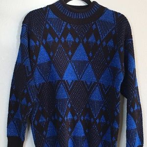 Vintage Fortune Knits Inc Womens Knit Sweater Size Medium Black Blue Pattern